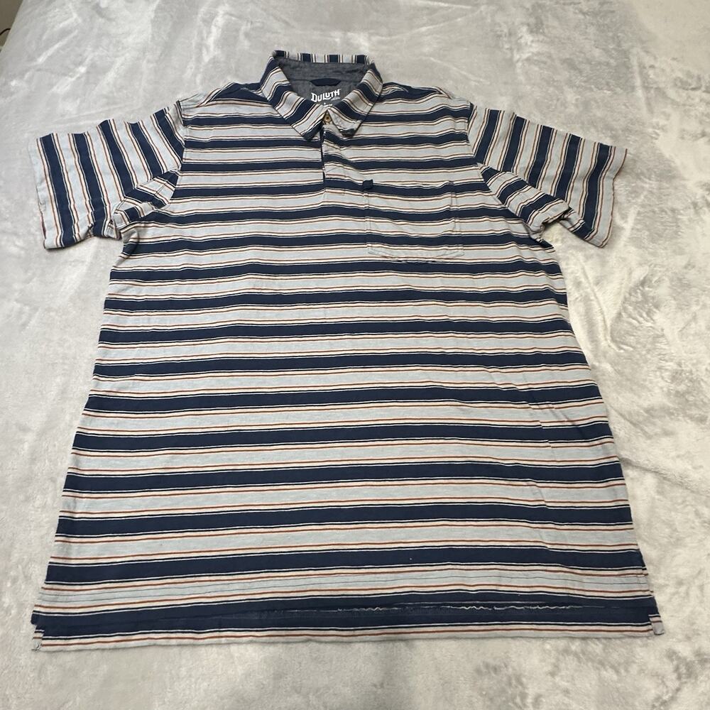 DULUTH TRADING CO Polo Shirt Men's‎ LARGE Blue Red White Striped Relaxed Fit